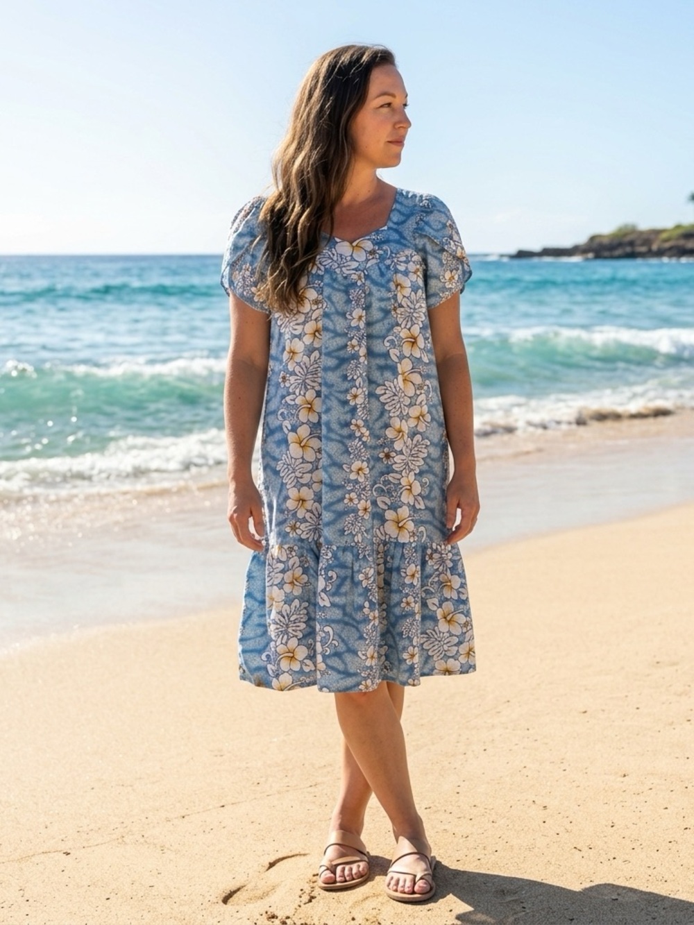 PTP21 Hawaiian Blue Floral Puff-Sleeve Midi Dress Feminine Vacation Flounce Hem